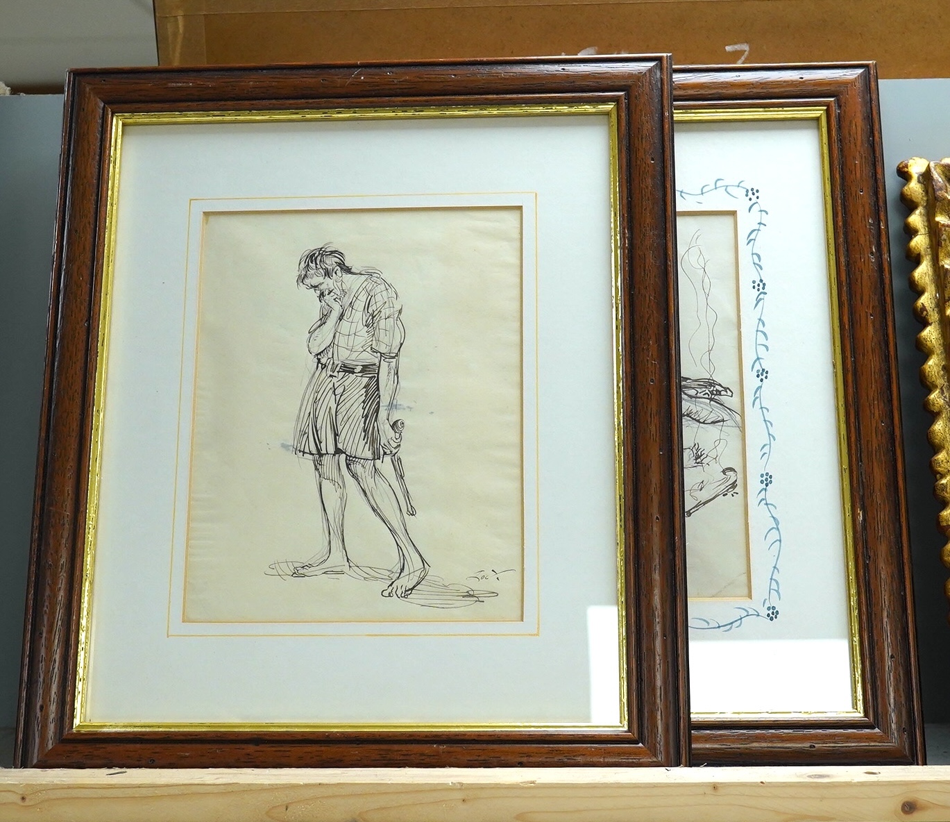 Anton Henry Lock (1893-1979), two ink sketches, Reclining and standing figures, one signed, details verso, 19 x 14cm. Condition - fair, Artist studied under Walter Sickert at The Westminster School of Art